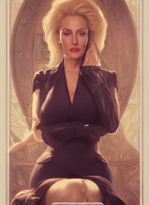 Prompt: lindsey pelas as gillian anderson the president of united states, digital painting, artstation, concept art, sharp focus, illustration, art by artgerm and greg rutkowski and alphonse mucha