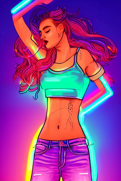 Prompt: a award winning half body portrait of a beautiful woman with stunning eyes in a croptop and cargo pants with rainbow colored ombre hairstyle head in motion and hair flying singing by thomas danthony, outlined by whirling illuminated neon lines, outrun, vaporware, shaded flat illustration, digital art, trending on artstation, highly detailed, fine detail, intricate