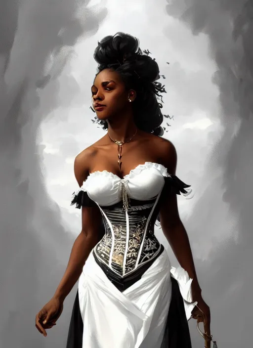 Image similar to cute black woman wearing a white corset dress, fantasy, intricate, highly detailed, digital painting, artstation, concept art, wallpaper, smooth, sharp focus, illustration, art by artgerm and greg rutkowski and alphonse mucha