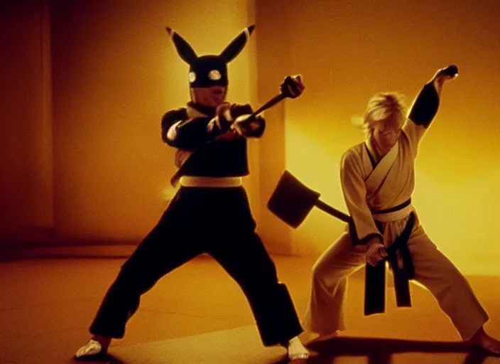 Image similar to film still pikachu with katana in dojo in kill bill film by tarantino, 8 k