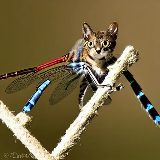 Prompt: a feline dragonfly - cat - hybrid, animal photography, wildlife photo
