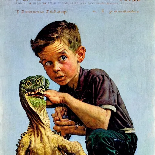 Image similar to a Norman Rockwell painting of a boy and his dinosaur velociraptor