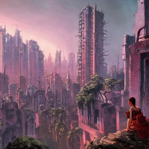 Prompt: a girl looks over a city at sunset, the city is a sprawling medieval city that is built amidst decaying brutalist alien architecture and overgrown by the rainforest, rpg, hubert robert, cityscape, vista, dying earth