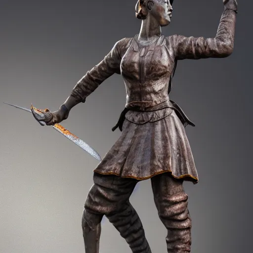 Prompt: highly detailed statue made of marbel, beautiful young woman, over exaggerated proportions, with a sword in her right hand, martial art pose, octane render, ripped cloth, volumetric lights, dramatic, highly detailed