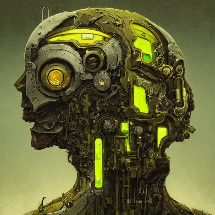 Image similar to portrait of an chartreuse ultron from age of ultron, clockwork steampunk, dieselpunk, head and chest only, by beksinski, 4 k, deviantart, trending on artstation