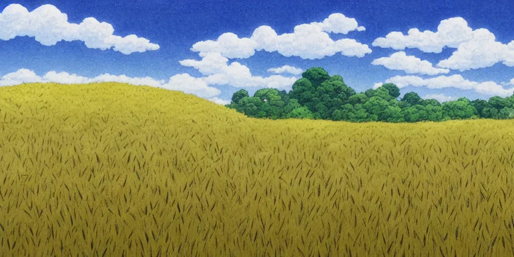 Image similar to an open wheat field, studio ghibli landscape