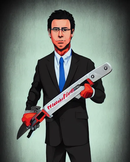 Image similar to Digital presidential anime art of Alvaro Uribe Velez holding a chainsaw by A-1 studios, serious expression, empty warehouse background, highly detailed, spotlight