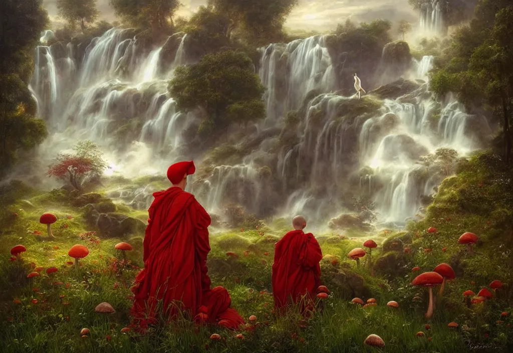 Prompt: morning light; floating lands in-clouds, blooming grass, bird flocks!!, giant mushrooms, waterfalls, small monks in dark-red robes; by Tom Bagshaw, Ivan Shishkin, Hans Thoma, Asher Brown Durand