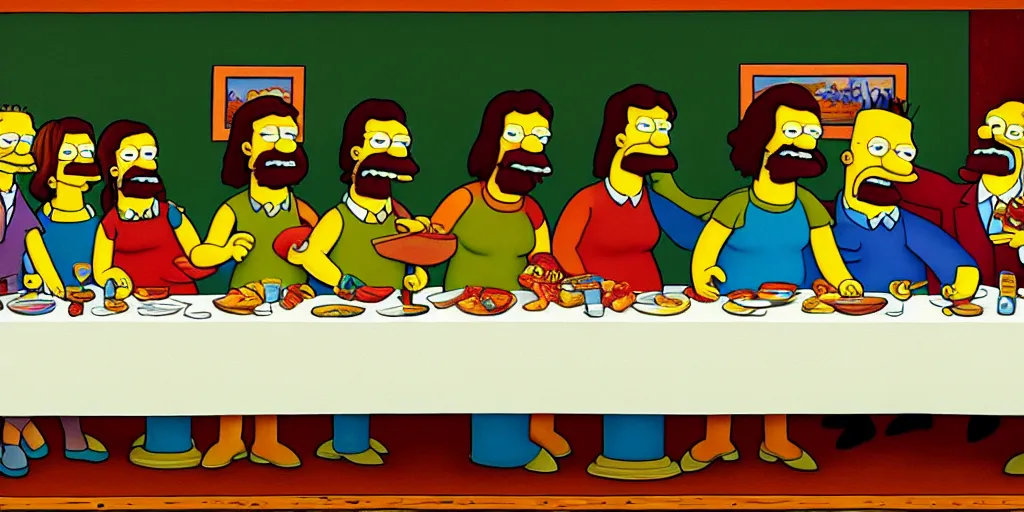 Image similar to last supper styled as simpsons, art, trending in artsation, winning award painting, oleo style,