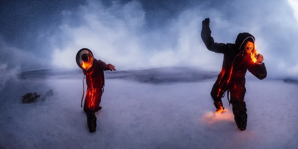 Image similar to music video fisheye slow motion with trail fire and smoke effect of futuristic break dancer wearing long dark cloak and golden helmet emitting fire and crystals, long exposure shot , enigmatic, at night in the middle of the arctic with red light A letter, paddle of water, steam, fog, water splashes, rim lights, glossy reflections, water droplets on lens, octane render, Volumetric dynamic lighting, stunning cover magazine, high details, hajime sorayama