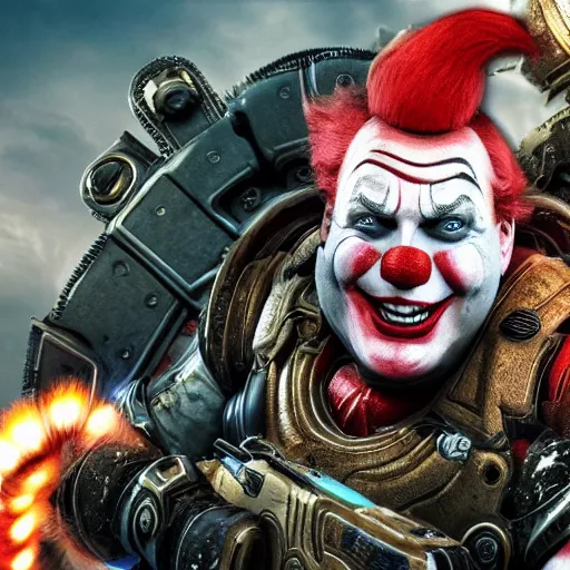 Image similar to donald trump as a clown in gears of war, splash art, movie still, cinematic lighting, ray tracing, detailed clown face, octane render, long lens, shallow depth of field, bokeh, anamorphic lens flare, 8 k, hyper detailed, 3 5 mm film grain