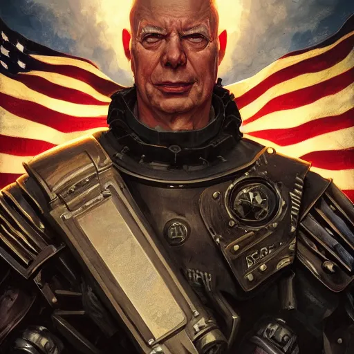 Prompt: Klaus Schwab in style of American propaganda poster, devilish, unreal cyborg armor, dark and gloom, extremely detailed oil painting, highly detailed, trending on artstation, concept art, sharp focus, illustration, art by artgerm and greg rutkowski and magali villeneuve