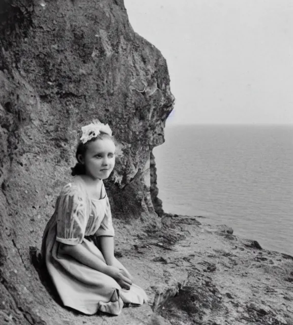 Image similar to a vintage photo of a girl sitting on a cliff overlooking the beach.