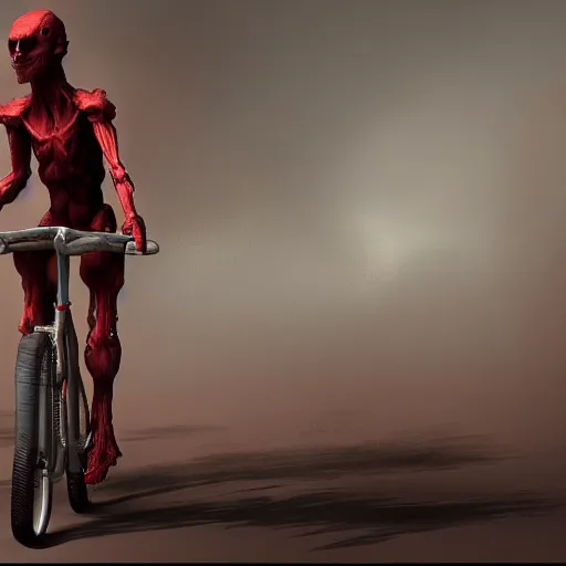 Image similar to humanoid on simple red bicycle artstation not detailed unreal