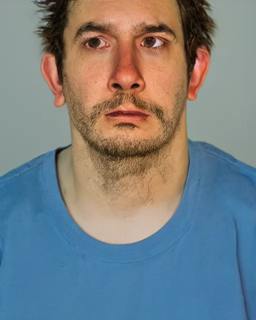 Image similar to prison mugshot of real - life mr. krabs, bright flash, red shell, blue shirt, blue jeans, low saturation, somber expression, protruding eyestalks, rugged textured face, soft vignette, soft focus, 5 0 mm, 4 k, nypd