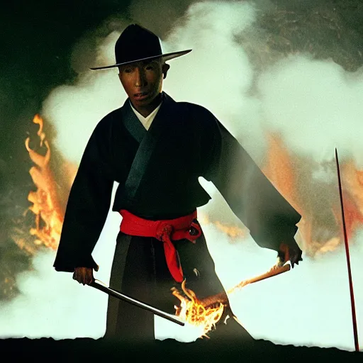 Image similar to cinematic film still Pharrell Williams starring as a Samurai holding fire, Japanese CGI, VFX, 2003, 40mm lens, shallow depth of field,film photography