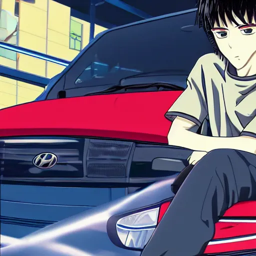 Prompt: closeup of a high definition anime guy with short dark blue hair and black streetwear clothing riding a dark red colored Hyundai Accent 1996 model with armenia quindio in the background, Initial D style, pixiv, 8k, official media, wallpaper, hd