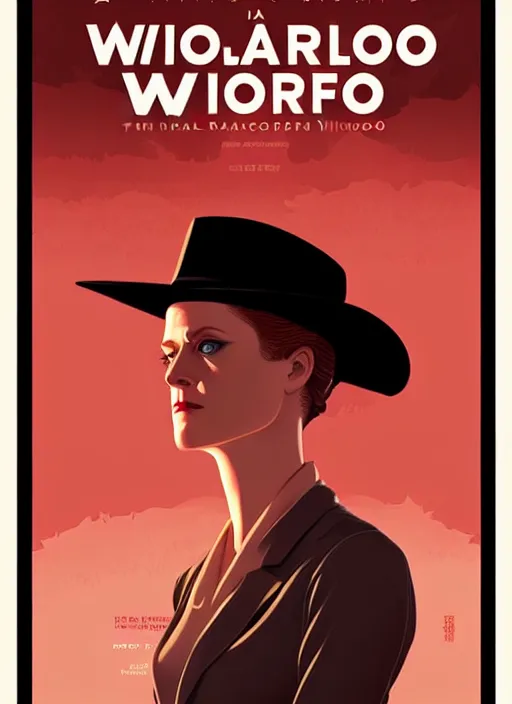 Image similar to a portrait of Evan Rachel Wood as Dolores, in the show Westworld, poster artwork by Michael Whelan and Tomer Hanuka, clean
