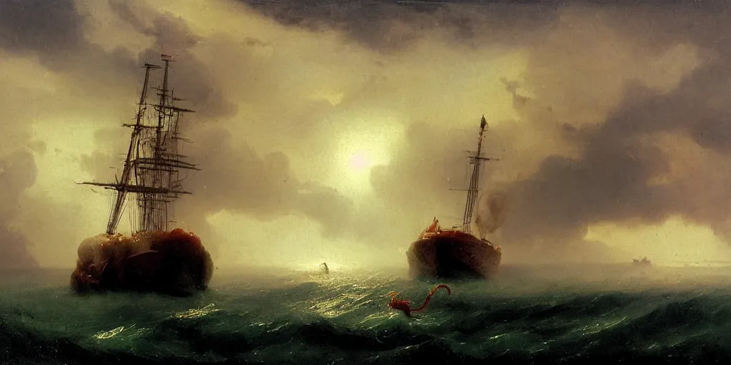 Image similar to kraken pulling a submarine underwater, ivan aivazovsky, stylized