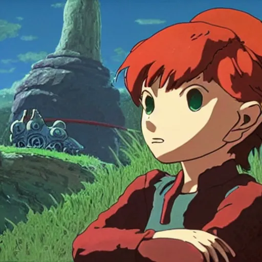 Prompt: Little red-head boy sitting in front of a white sofa. Miyazaki, Nausicaa Ghibli, Breath of The Wild, epic composition