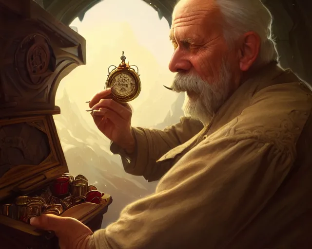 Image similar to photography of an old man picklocking a treasure chest, deep focus, d & d, fantasy, intricate, elegant, highly detailed, digital painting, artstation, concept art, matte, sharp focus, illustration, hearthstone, art by artgerm and greg rutkowski and alphonse mucha