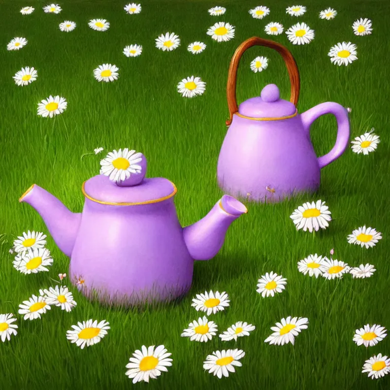 Prompt: close - up of a teapot, fairy house with daisies on a bed of grass by alex horley orlandelli, fantasy, artstation, smooth, illustration