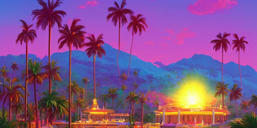 Prompt: a casino over the top of a hill with palmtrees, brightly illuminated by rays of sun, artstation, colorful sylvain sarrailh illustration