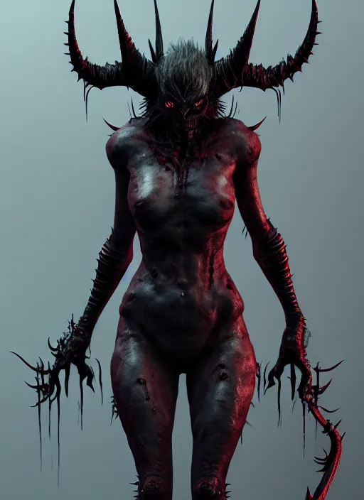 Prompt: female demon by Felix englund, full body, detailed, 8k, dark, trending on artstation, felix englund style, high resolution, Rutkowski , Sung Choi , Mitchell Mohrhauser, Maciej Kuciara, Johnson Ting, Maxim Verehin, Peter Konig, Bloodborne, 8k photorealistic, cinematic lighting, HD, high details, dramatic, atmospheric, elegant, facing front, from front