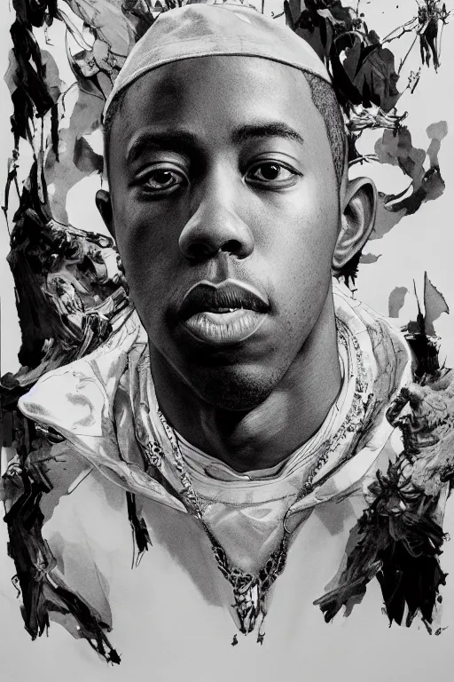 Image similar to portrait of tyler the creator, pen and ink, intricate line drawings, by craig mullins, ruan jia, kentaro miura, greg rutkowski