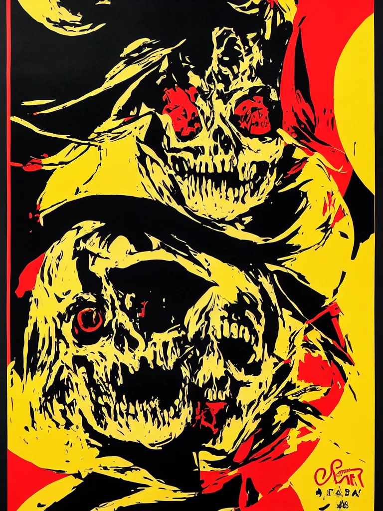Image similar to poster offear featuring portrait of skeletor, red yellow orange black and cream colors, poster by shepard fairey