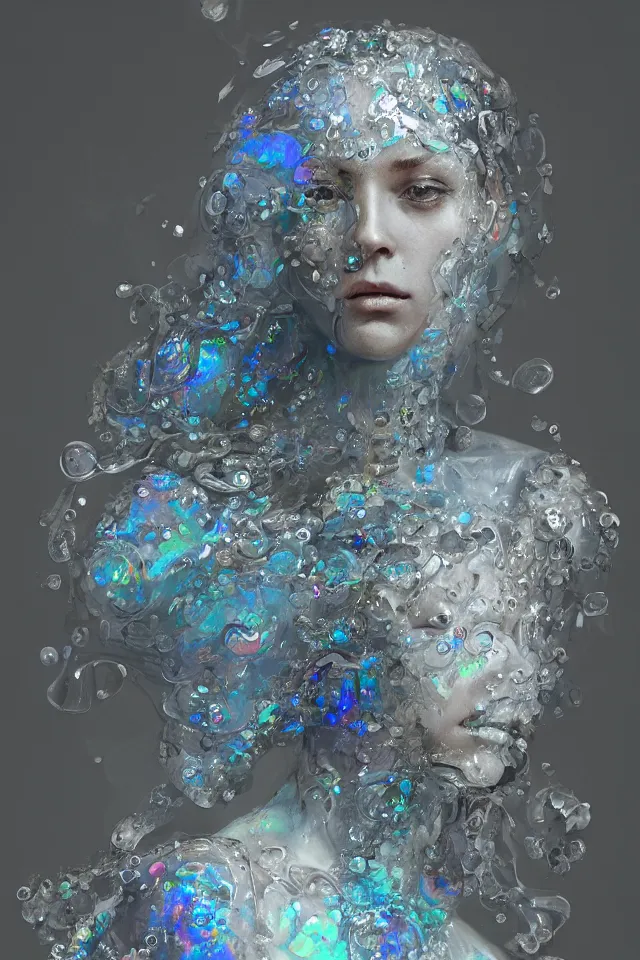 Prompt: a sculpture made of opal and water, portrait, queen, future, harper's bazaar, vogue, magazine, insanely detailed and intricate, concept art, ornate, luxury, elite, elegant, trending on artstation, by Ruan Jia, Kenneth Willardt, Ross Tran, WLOP, Andrei Riabovitchev.