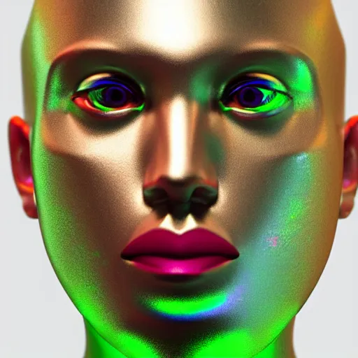 Image similar to 3d render of holographic human robotic head made of glossy iridescent, surrealistic 3d illustration of a human face non-binary, non binary model, 3d model human, cryengine, made of holographic texture, holographic material, holographic rainbow, concept of cyborg and artificial intelligence