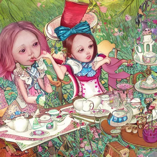 Prompt: A highly detailed and beautiful illustration of an Alice in Wonderland style tea party, with stunningly realistic and sharp focus close up details, by Lulu Chen, for a top-rated and award winning children's book