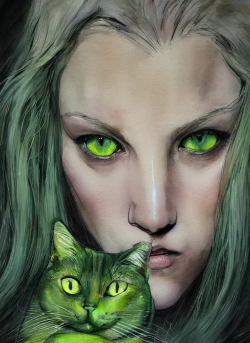 Image similar to blonde woman with green eyes kisses her cat with green eyes on her nose, watercolor, dramatic lighting, cinematic, establishing shot, extremly high detail, foto realistic, cinematic lighting, pen and ink, intricate line drawings, by Yoshitaka Amano, Ruan Jia, Kentaro Miura, Artgerm, post processed, concept art, artstation, matte painting, style by eddie mendoza, raphael lacoste, alex ross