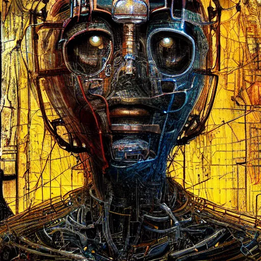 Prompt: human 3 d by pantokrator, woman head made of mech mask rendered in unreal engine, ancient technology, cyberpunk, dark, scifi, golden cyberntic vessels coming from core processor, contrast, painted by david burliuk | bernard buffet | carne griffiths | stanislaw lem