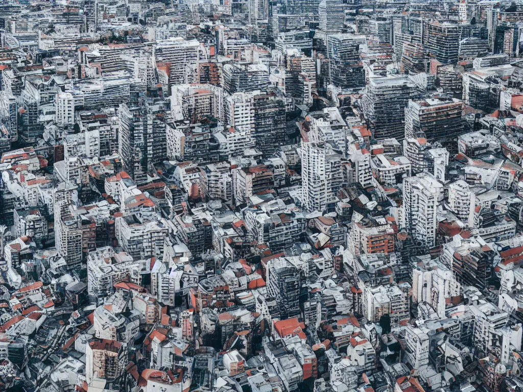 Prompt: drone view of a city, Brutalist architecture, horizon shot, sharp focus, telephoto lens, digital art 4k