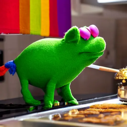 Image similar to rainbow pig wearing a gold crown as a Muppet cooking on stove 8k