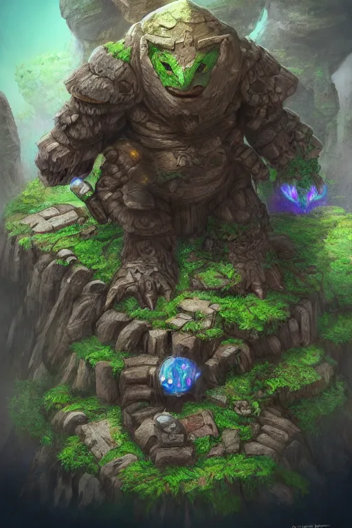 Image similar to zelda fantasy art giant golem troll wood rock greeble gemstone, global illumination ray tracing hdr fanart arstation by sung choi and eric pfeiffer and gabriel garza and casper konefal