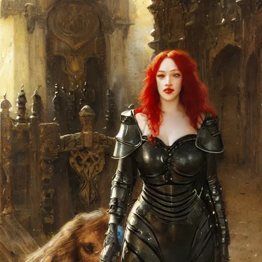 Prompt: redhead kat dennings wearing black medieval armour, by gaston bussiere, bayard wu, greg rutkowski, giger, maxim verehin, greg rutkowski, masterpiece, sharp focus, cinematic lightning