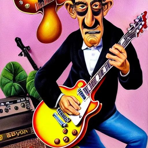 Image similar to beautiful lifelike painting of barry chuckle shredding on a gibson les paul, furious guitar solo, hyperreal detailed facial features and uv lighting, art by ed roth and basil wolverton