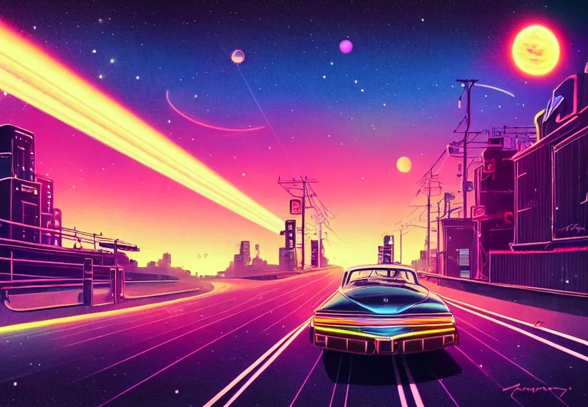 Image similar to old cars go along road away in neo - tokyo, sinthwave, steampunk, neon, magic colorful sky, magic lights, magic stars, magic sunset, big bright planet saturn in sky, realism, ultra detailed, 1 9 6 0 years, 8 k