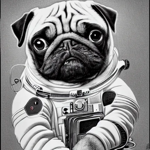 Prompt: 4 k, extra detail, pencil art, pug and astronaut like a poster by greg hildebrandt