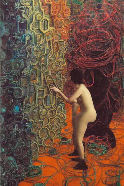 Image similar to realistic portrait of an engineer woman programming the samsara holy cluster, fine portrait, concept art, stunning, visionary, hyper realistic, detailed, by brecht evens, by jean delville, by francis bacon