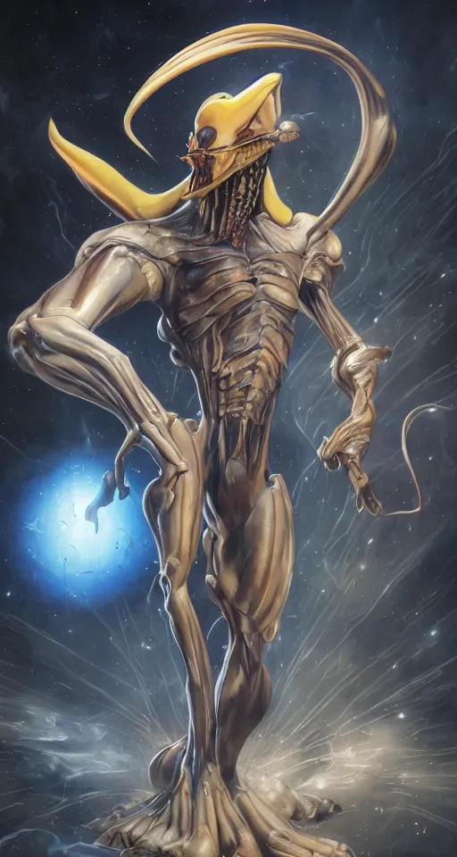 Image similar to Space Ghost Designed By Moebius Yasushi Nirasawa and HR Giger, full body action pose, hyperrealistic, octane render, HDR, volumetric lighting,