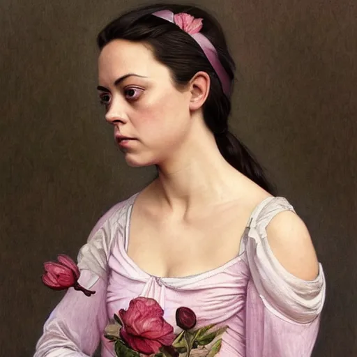 Image similar to pink petals with a ahape of a wonderful aubrey plaza and christina ricci and mila kunis, intricate, elegant, highly detailed, wonderful eyes, sweet, digital painting, artstation, concept art, smooth, sharp focus, illustration, art by artgerm and greg rutkowski and alphonse mucha and william - adolphe bouguereau