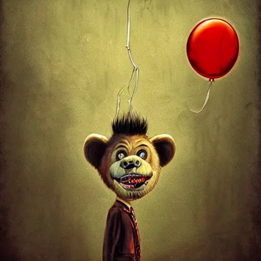 Image similar to surrealism grunge cartoon portrait sketch of a bear with a wide smile and a red balloon by - michael karcz, loony toons style, mad max style, horror theme, detailed, elegant, intricate