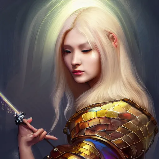 Image similar to a digital painting of a woman with blonde hair, a character portrait by feng zhu, cgsociety, fantasy art, ethereal glow, light white rainbow nails and a glowing chromatic sword behind her, medieval armour, waterfall, crocodile, tamborine, salt shaker, happy friend, fire, lamps, artstation hq, artstation hd, fantasy