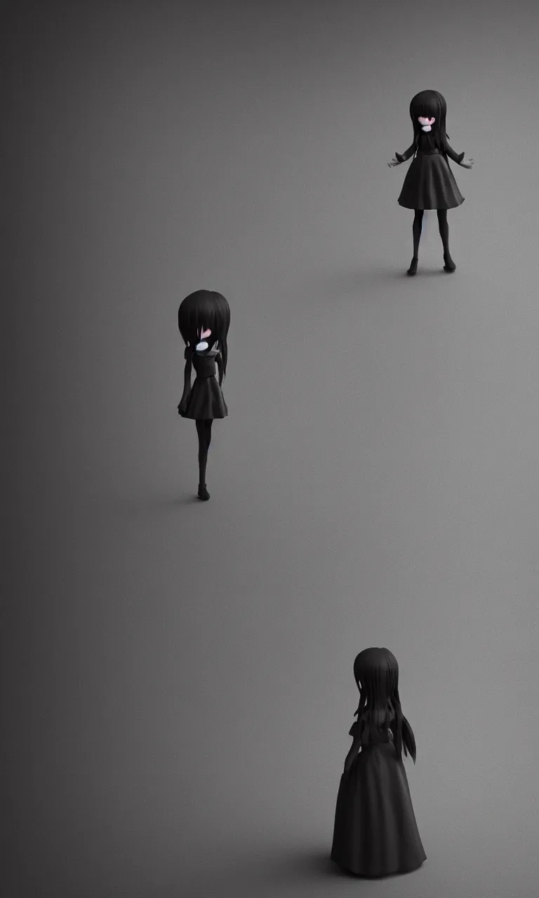 Image similar to cute fumo plush girl enigmatic gothic maiden standing in the center of the dark abyss, vignette, vray