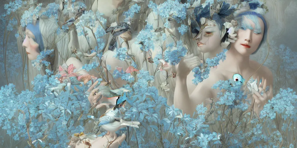 Image similar to breathtaking detailed concept art painting art deco pattern of blonde faces goddesses amalmation light - blue flowers with anxious piercing eyes and blend of flowers and birds, by hsiao - ron cheng and john james audubon, bizarre compositions, exquisite detail, extremely moody lighting, 8 k