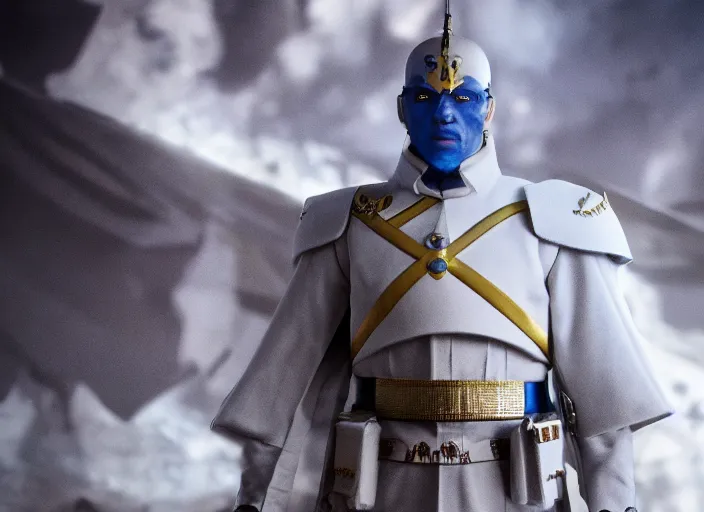 Prompt: menacing general wearing a white imperial general uniform, his skin is blue, ultra realistic, 4 k, movie still, uhd, sharp, detailed, cinematic, render, modern